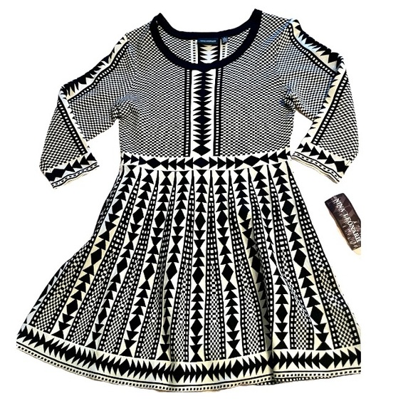 Nina Leonard Black White Geometric Print Sweater Dress NWT Size Large - Picture 2 of 9